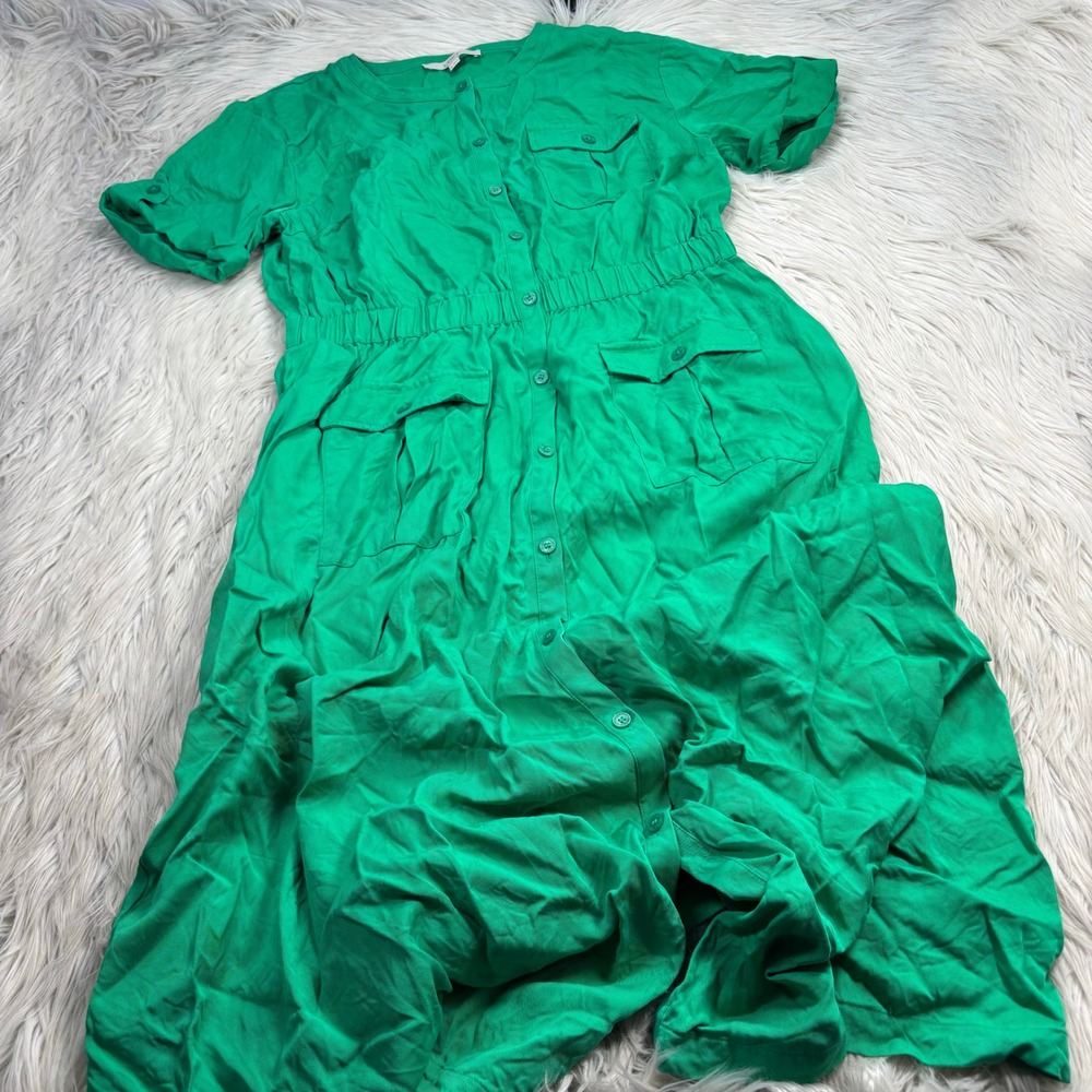 LOFT Women's 14 Twill Kelly Green Button Front Midi Dress Utility Dopamine